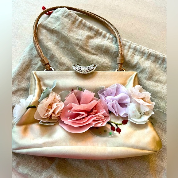 Used once! Valentino champagne satin purse w/ floral appliqué/ snakeskin handles - Picture 3 of 11